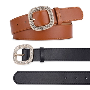Women's wide leather belt with sparkling rhinestone square buckle in black and brown
