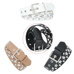 Women punk star rivet PU leather belt with needle buckle in white black and khaki