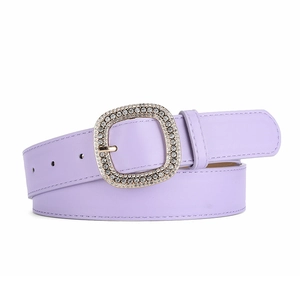 Fashion light purple faux leather belt for women featuring a gold square buckle with rhinestones