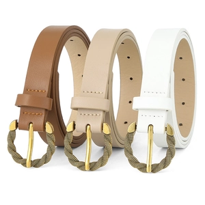 Three-pack vintage thin PU leather belts with decorative round twisted metal buckles for women
