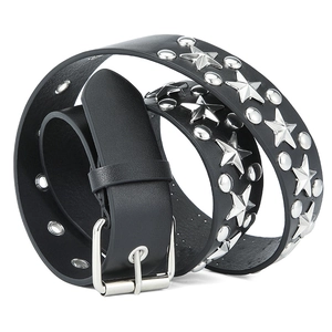 Punk style black PU leather belt with silver star rivets and metal pin buckle