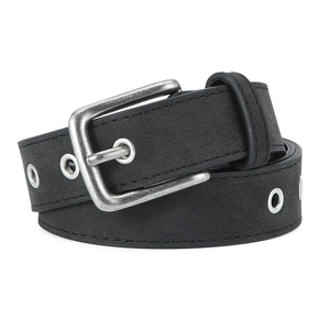 Ceinture en cuir PU noir mat avec œillets doubles argentés et boucle en métal vintage