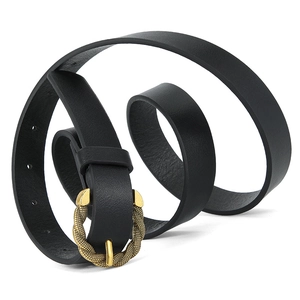 Vintage black PU leather belt with textured round gold buckle for dresses