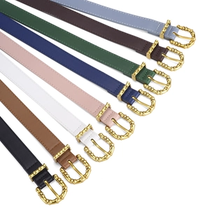 Women's thin PU leather belts with bamboo style gold buckles in eight stylish colors
