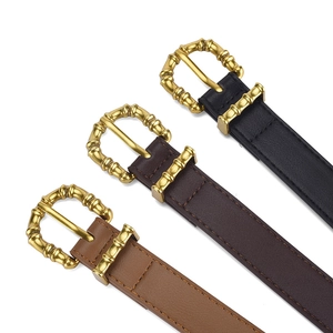 Bamboo-style gold buckle PU leather belts for women in black, dark brown, and tan colors