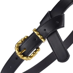 Women's black PU leather belt with vintage golden bamboo-textured buckle and stitching