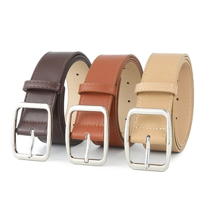 Three-color minimalist leather belt set for women with matte silver square pin buckles