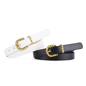 Fashionable PU leather belts for women with trendy gold bamboo metal pin buckles