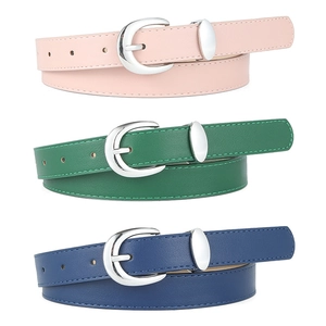 Tres cinturones minimalistas para mujer en rosa, verde y azul con hebillas ovaladas