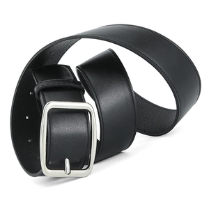 Minimalist black leather belt for jeans with a polished silver square pin buckle
