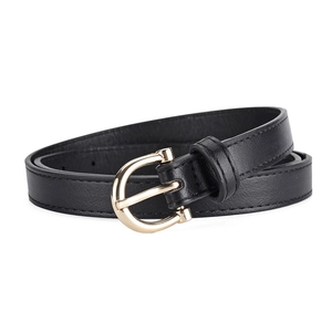 Women's slim black PU leather belt with golden horseshoe buckle for dresses and jeans