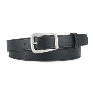 Classic black faux leather belt for women with silver metal pin buckle on white backdrop