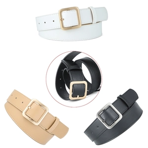 Minimalist square buckle belts for women in white, black, beige, and grey PU leather