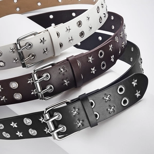 Punk Double Row Eyelet Belt For Men Women PU Leather Star Studded Waist Belt With Removable Metal Chain Goth Streetwear