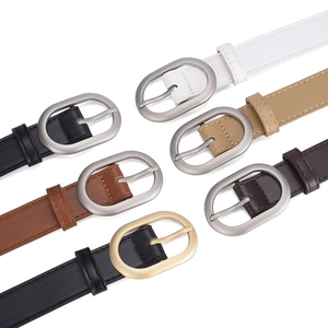 Women's slim leather belts in five colors with oval metal buckles and fine stitching