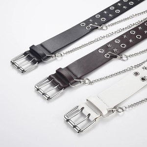 Punk style PU leather belts with double grommets, star rivets and detachable metal chains