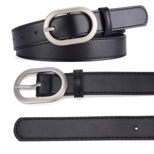 Classic black leather belt for women with silver matte oval buckle and precision stitching