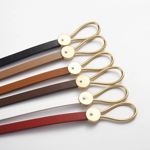 Slim leather waist belt for dresses with gold teardrop buckles in six versatile colors