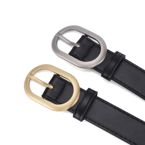 Black women's minimalist leather belts with oval matte gold and silver metal buckles