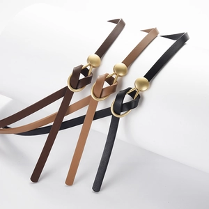 Three minimalist slim leather waist belts in black, brown and khaki with gold ring buckles