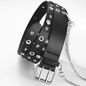 Punk black PU leather belt with silver star studs, metal eyelets and decorative chain