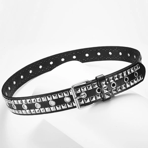 Punk style black leather belt with double rows of square rivets and metal eyelets