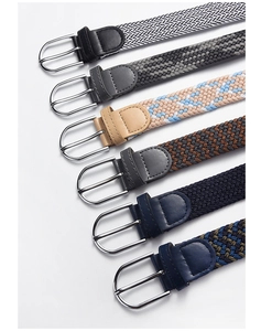 Multiple colors of woven stretch belts with silver alloy buckles and leather details