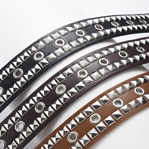 Punk style PU leather belts with double row silver square rivets and metal eyelets