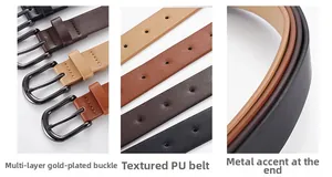 Détail de la boucle en alliage et de la texture multicouche du cuir PU de ceinture