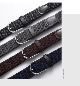 Detail of multi-color braided elastic belts with metallic pin buckles in 4 variants