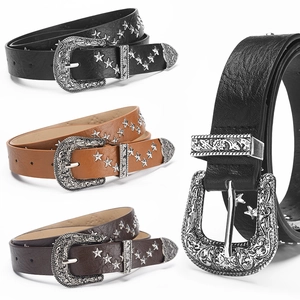 Cinturones de cuero estilo punk con tachuelas de estrella y hebillas talladas en tres colores
