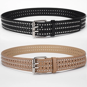 Women Punk Rivet Belt PU Leather Star Hollow Double Pin Buckle Wide Waistband Personalized Hip Hop Decorative Belt