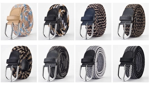 Collage of elastic braided belts in eight colors with silver pin buckles and leather accents