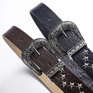 Ceinture large à rivets étoiles punk avec boucle en alliage de zinc gravée baroque
