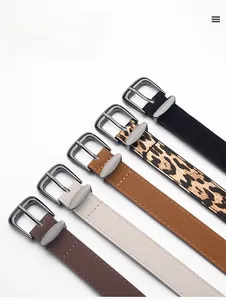 Detail view of five stylish faux leather belts with matte buckles in various colors