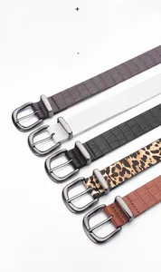 Five assorted crocodile texture PU leather belts with pin buckles in neutral tones