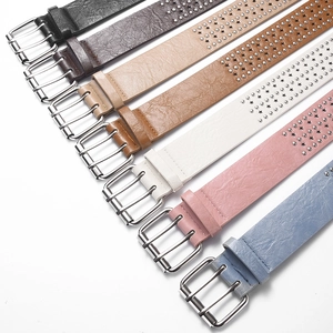 Punk style wide leather belt with star rivets and double pin buckle in seven colors