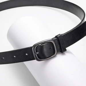 Classic black leather belt with a vintage silver metal buckle on a white background