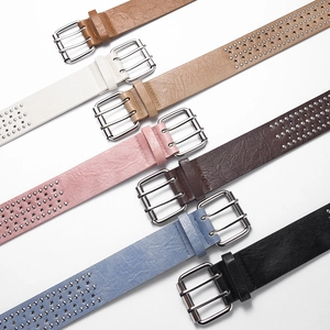 Punk style wide faux leather belts with star rivets and double pin buckles in multiple colors