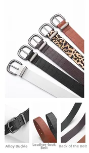 Detail shots of faux crocodile leather belts with alloy buckles in five color options