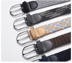 Assorted elastic woven belts with alloy pin buckles and PU leather trim in various colors