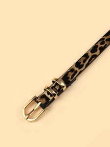 Detail of leopard print PU leather belt with gold metal buckle and double loops