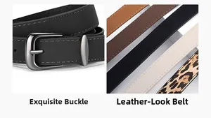 Detailed close-up of exquisite metal buckle and colorful faux leather strap options