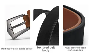 Detail of matte PU leather belt showing gold-plated buckle and fine oil edge craftsmanship