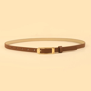 Detail of slim brown leather waist belt featuring a rectangular gold metal pin buckle