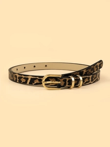 Close-up of leopard print PU leather belt with shiny gold U-shaped metal pin buckle