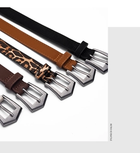 Detail showing five retro faux leather belts with hexagonal buckles in various colors