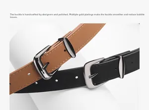 Detail of belt buckle featuring hand-polished plating and fine stitching on faux suede leather