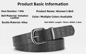 Detail view of crocodile pattern faux leather belt with size 106cm by 2.8cm dimensions