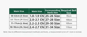 Size chart for women's minimalist belt showing waist measurements and corresponding lengths